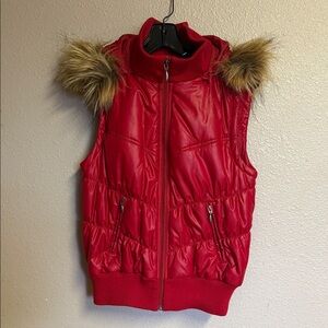 INC International Concepts Red Quilted Vest with Faux Fur Trim